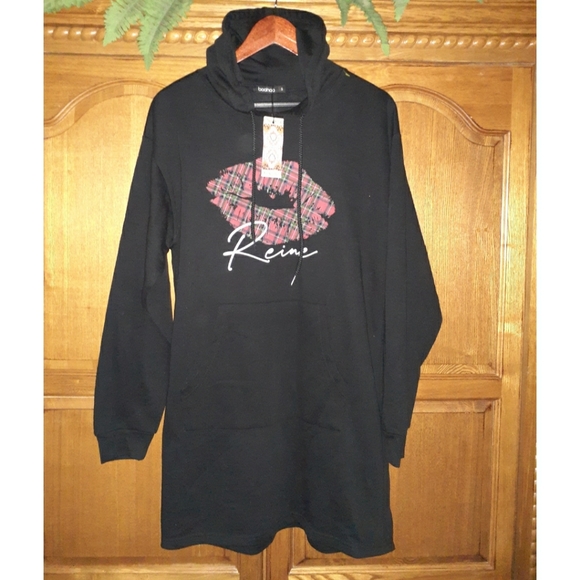 HP🥰boohoo Tartan Lip Print Hood Sweatshirt Dress - Picture 6 of 16
